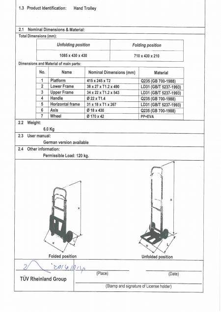 Hand Trolley Capacity 120 KG GS Test Report